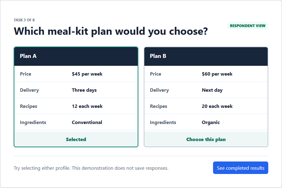 Conjoint Survey respondent view comparing two meal-kit profiles with randomized price, delivery, recipe, and ingredient levels