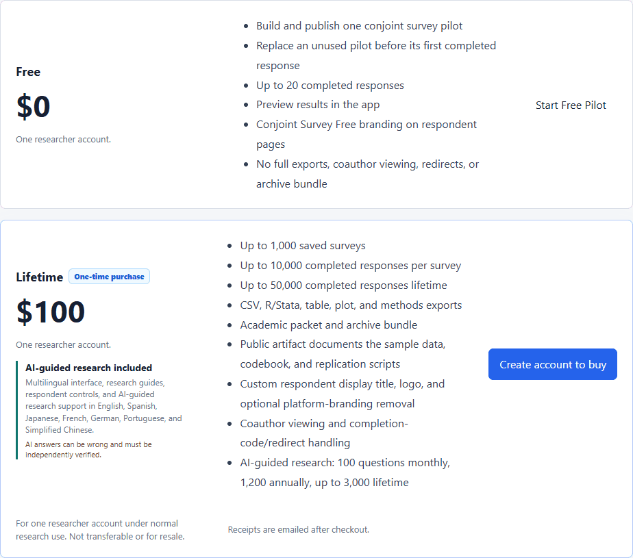 Conjoint Survey pricing showing a free 20-response pilot and a 100 dollar One-Time Payment